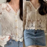 Women Flare Long Sleeve Crochet Cardigan Open Front Hollow Floral Sweater Coat