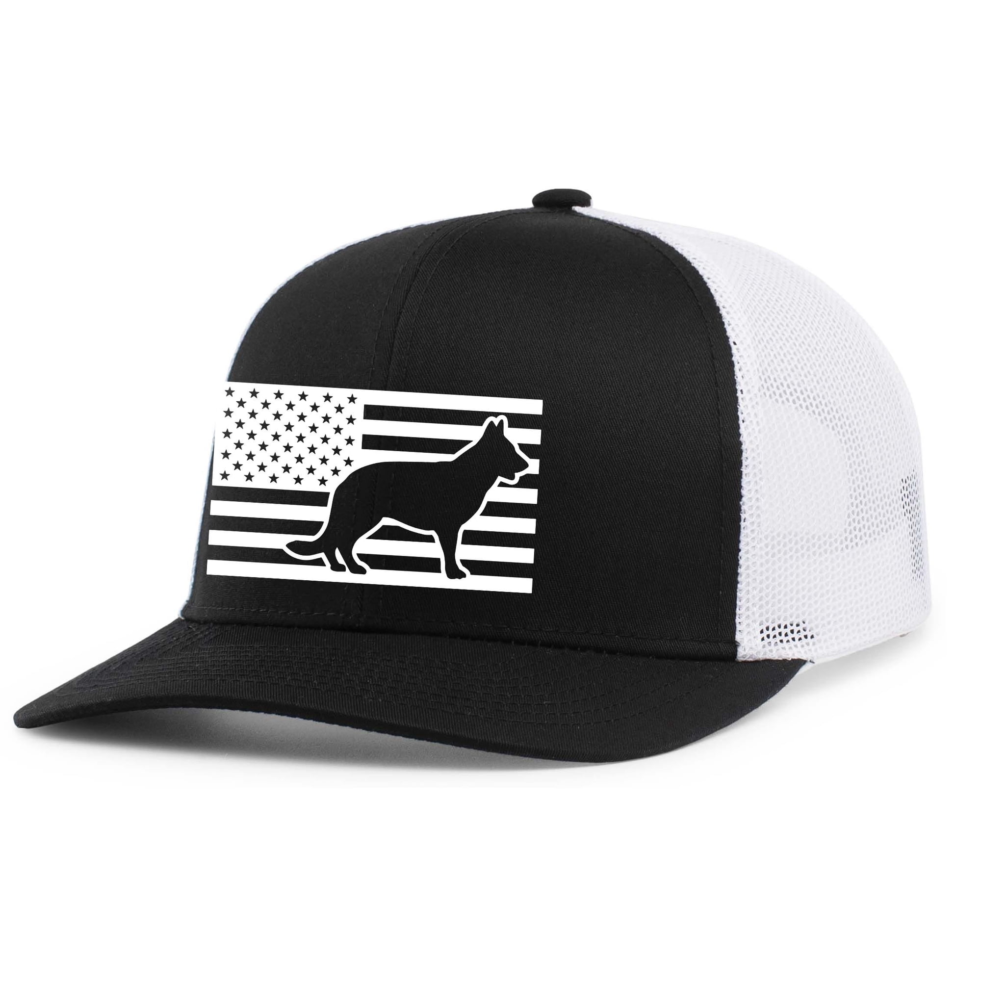 Heritage Pride Canine Collection German Shepherd American Flag Embroidered Mesh Back Trucker Hat, Black/White
