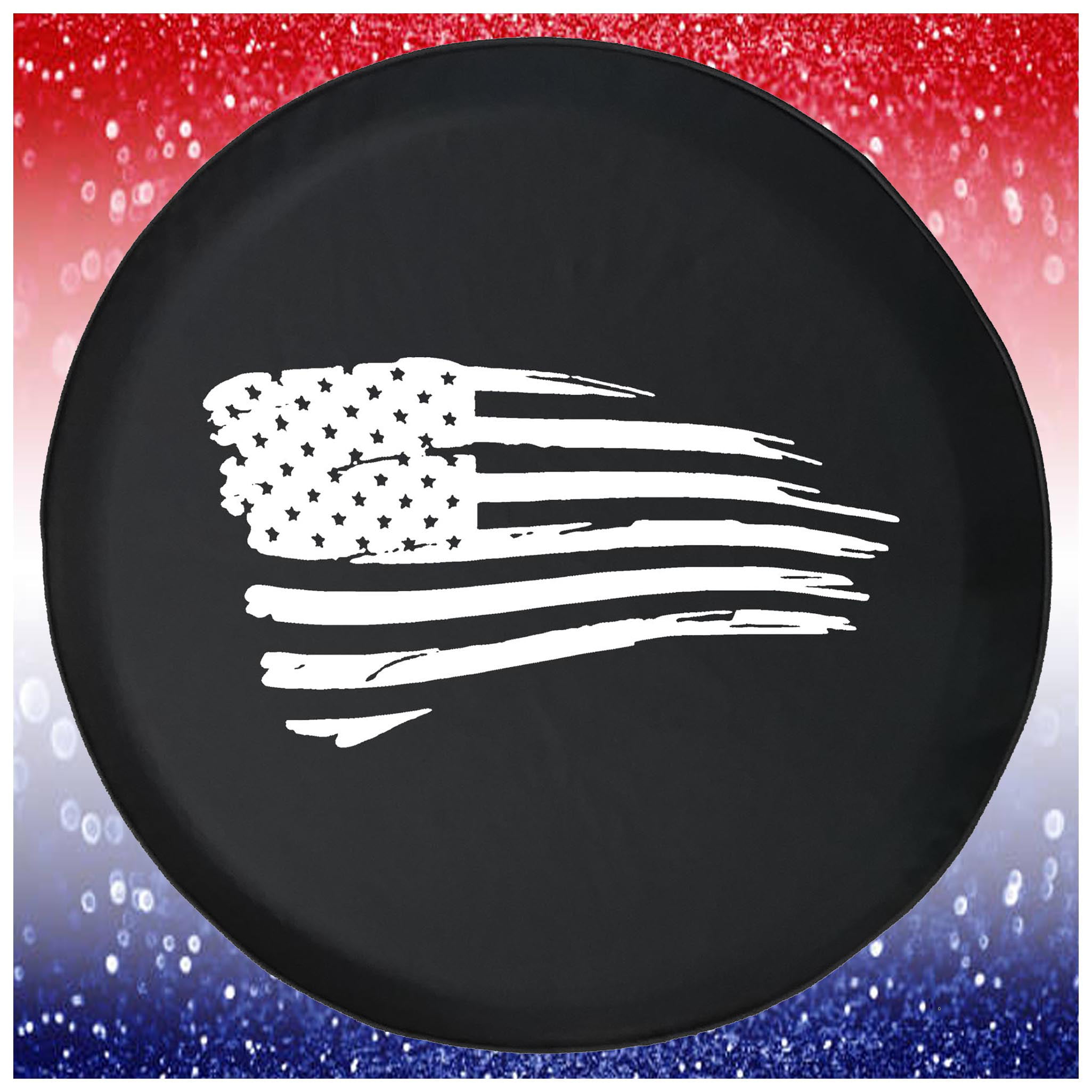 Large Spare Tire cover Waving American Flag Military Black 35 Inch 