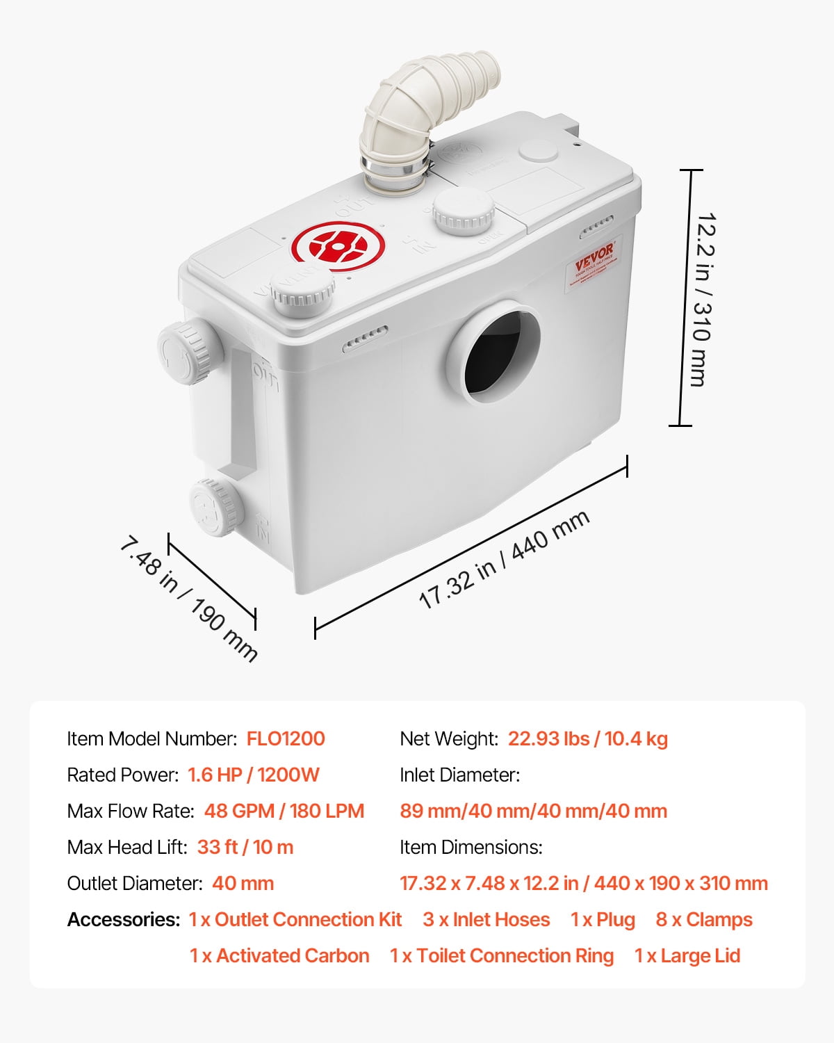 VEVOR Macerator Pump, 1200W, 48 GPM Flow, 33 ft/10 m Head, Macerator Sewerage Toilet Pump with 4 Water Inlets,Waste Water Disposal Upflush Machine for Toilet, Basement, Shower, Sink, Laundry,Bathtub