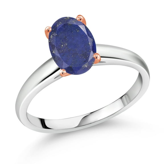 Gem Stone King 2.00 Ct Oval Blue Lapis 925 Silver and 10K Rose Gold Ring Ring (Size 8)