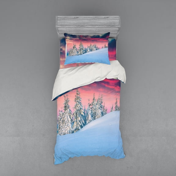 Ambesonne Winter Bedding Set 3 Pcs, Idyllic Scene Mountains, Twin XL, Pink Blue Cream