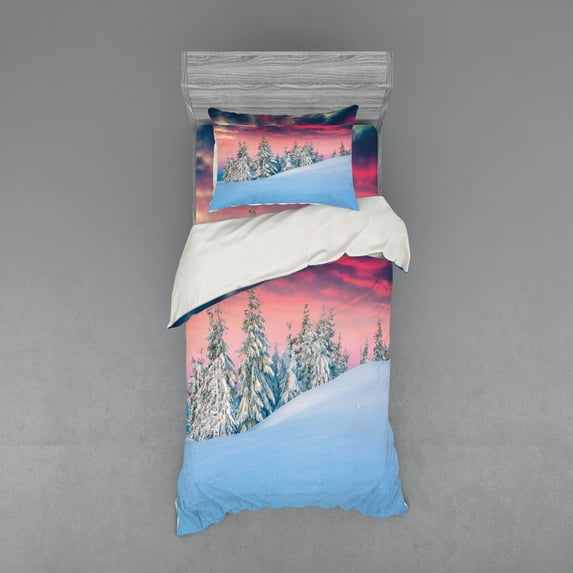 Ambesonne Winter Bedding Set 3 Pcs, Idyllic Scene Mountains, Twin, Pink Blue Cream