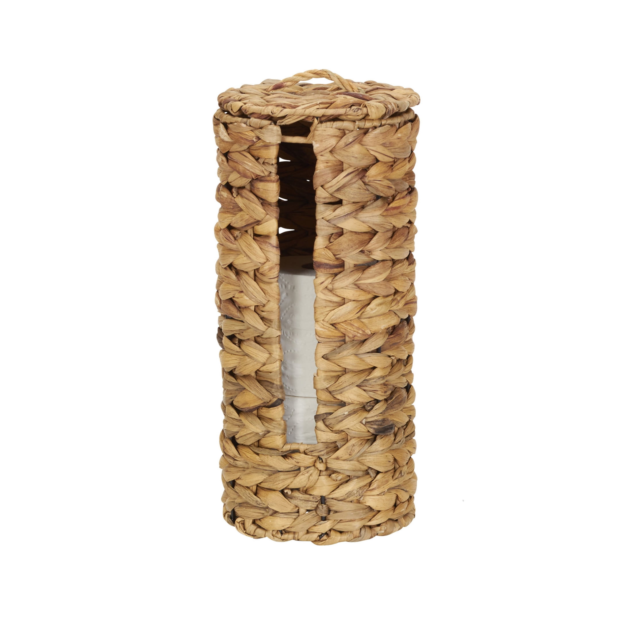 Household Essentials Wicker Toilet Paper Roll Holder, Handmade, Water Hyacinth Weave, Steel Frame, Removable Lid with Access Slot, and Eco-Friendly, Natural