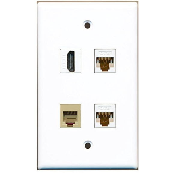 RiteAV - 1 Port HDMI 1 Port Phone RJ11 RJ12 Beige 2 Port Cat6 Ethernet White Wall Plate