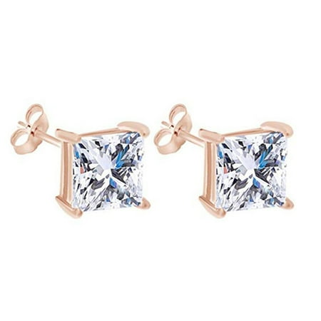 14k Rose Gold Plated Sterling Silver 1 ct Princess White Cz Stud Earrings