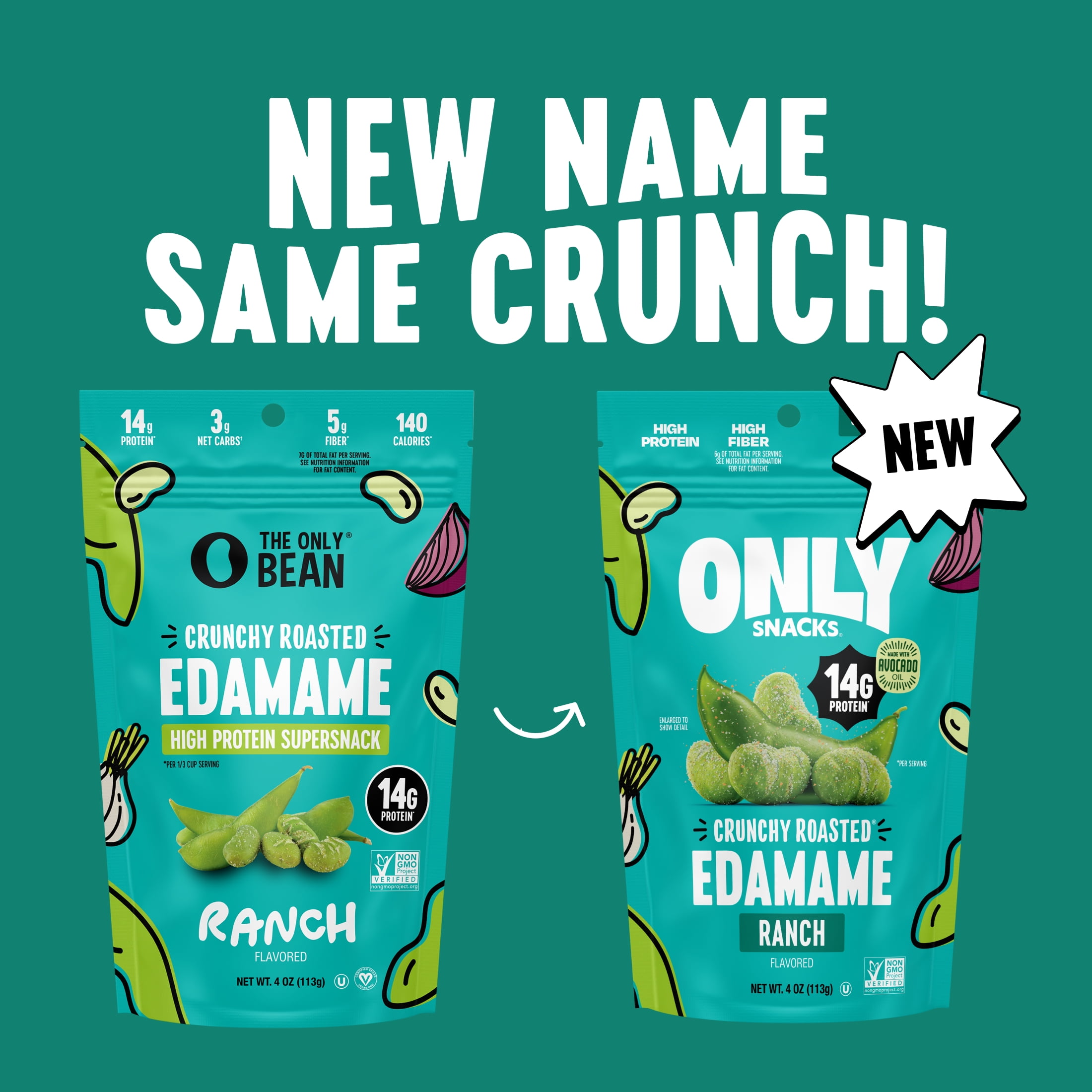 The Only Bean Crunchy Roasted Edamame Bean Snack, Ranch, 4 oz Bag