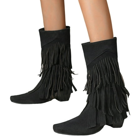 

Cowboy Boots for Women Fringe Casual Mid Calf Boots Retro Tassel Heel for Women Boots Boots for Women Fashion Retro Classic Pull On Boot for Girls Ladies Fall Winter
