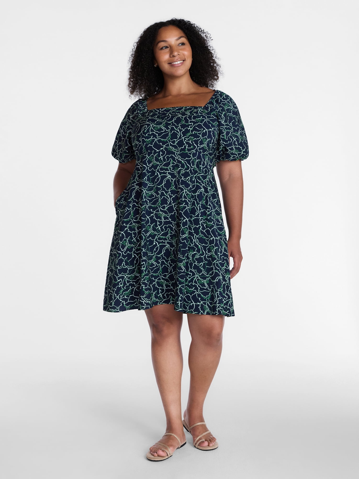 Time and Tru Women's Mini Dress with Puff Sleeves, Sizes XS-XXXL
