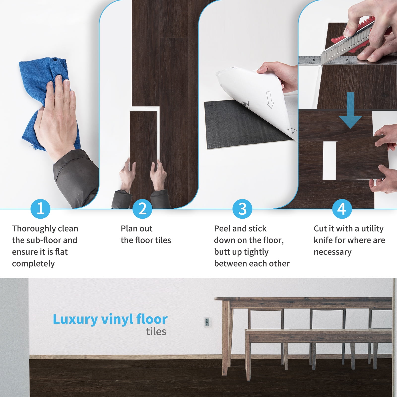 Art3d Peel and Stick Floor Tile Vinyl Wood Plank 36-Pack 54 Sq.Ft，Brown Stone，Rigid Surface Hard Core Adhesive Flooring