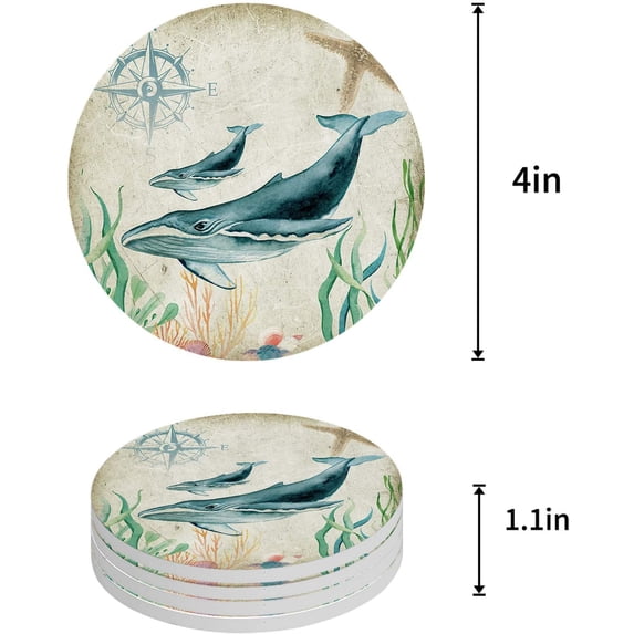 FMSHPON Ocean Theme Whale Retro Set of 4 Round Coaster for Drinks, Absorbent Ceramic Stone Coasters Cup Mat with Cork Base for Home Kitchen Room Coffee Table Bar Decor