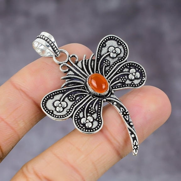 Natural Carnelian Gemstone Handmade 925 Sterling Silver Pendant 2.21"
