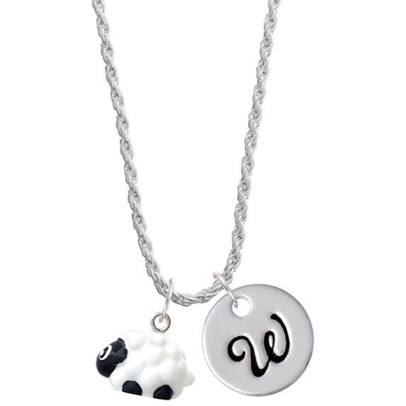 Delight Jewelry Resin White Lamb Silvertone Script Initial Disc - W - Charm Necklace, 20"+3"