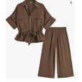 thumbnail image 5 of IUYRTFE Women Short Sleeve Button Down Shirt and Wide Leg Pants Set with Pockets Casual 2 Piece Outfit, 5 of 7