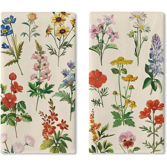 Wildflower Kitchen Dish Towels Set of 2, Vintage Floral Botanical Plants Drying Hand Towel Baking Cooking Cloth, Retro Spring Summer Flower Nature Bathroom Home Decoration 16 x 24 Inches