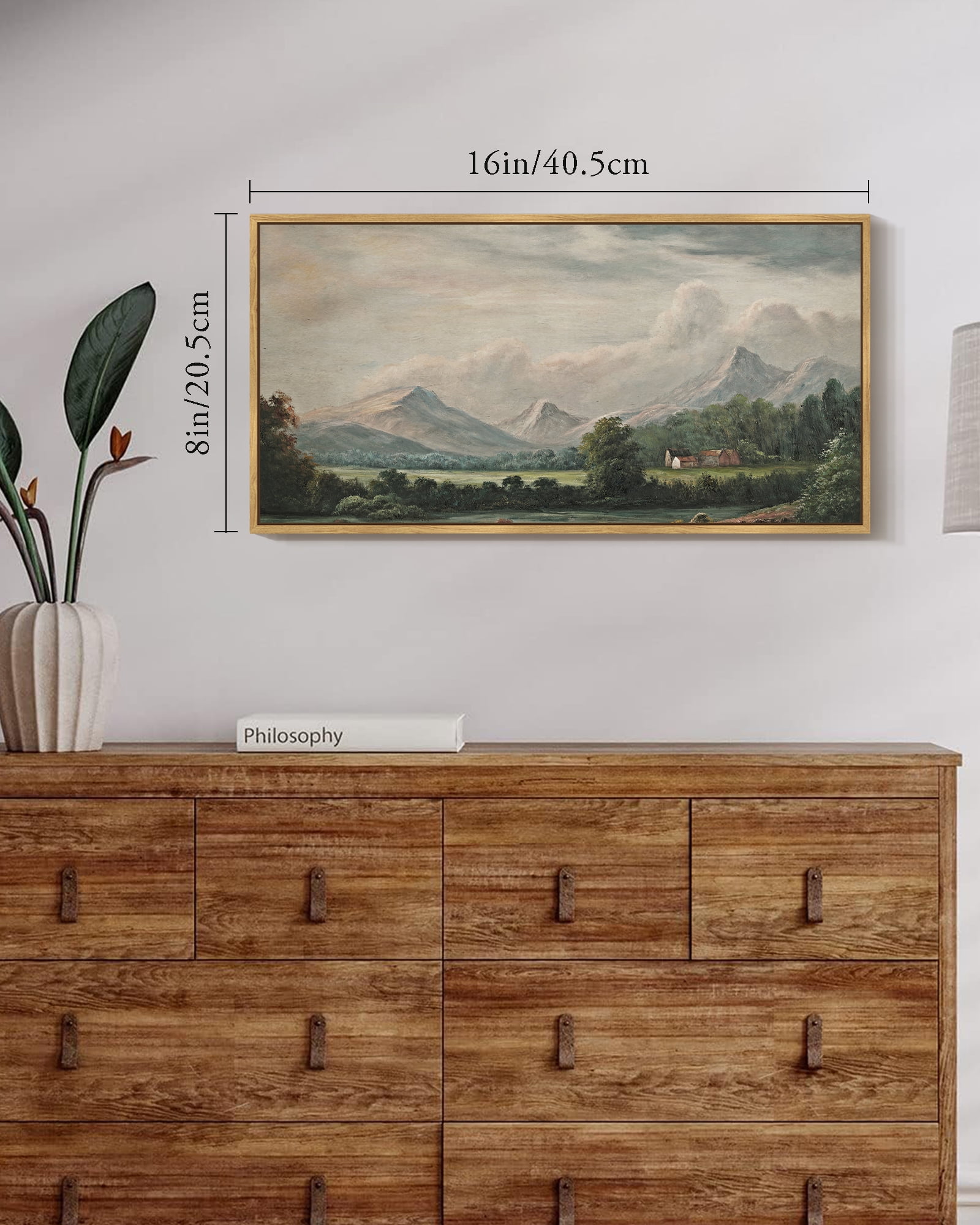 Drsoum Vintage Wall Art Country Village Landscape Painting Retro Mountain Meadow Scenery Farmhouse Kitchen Living Room Decor 8x16in Natural Framed