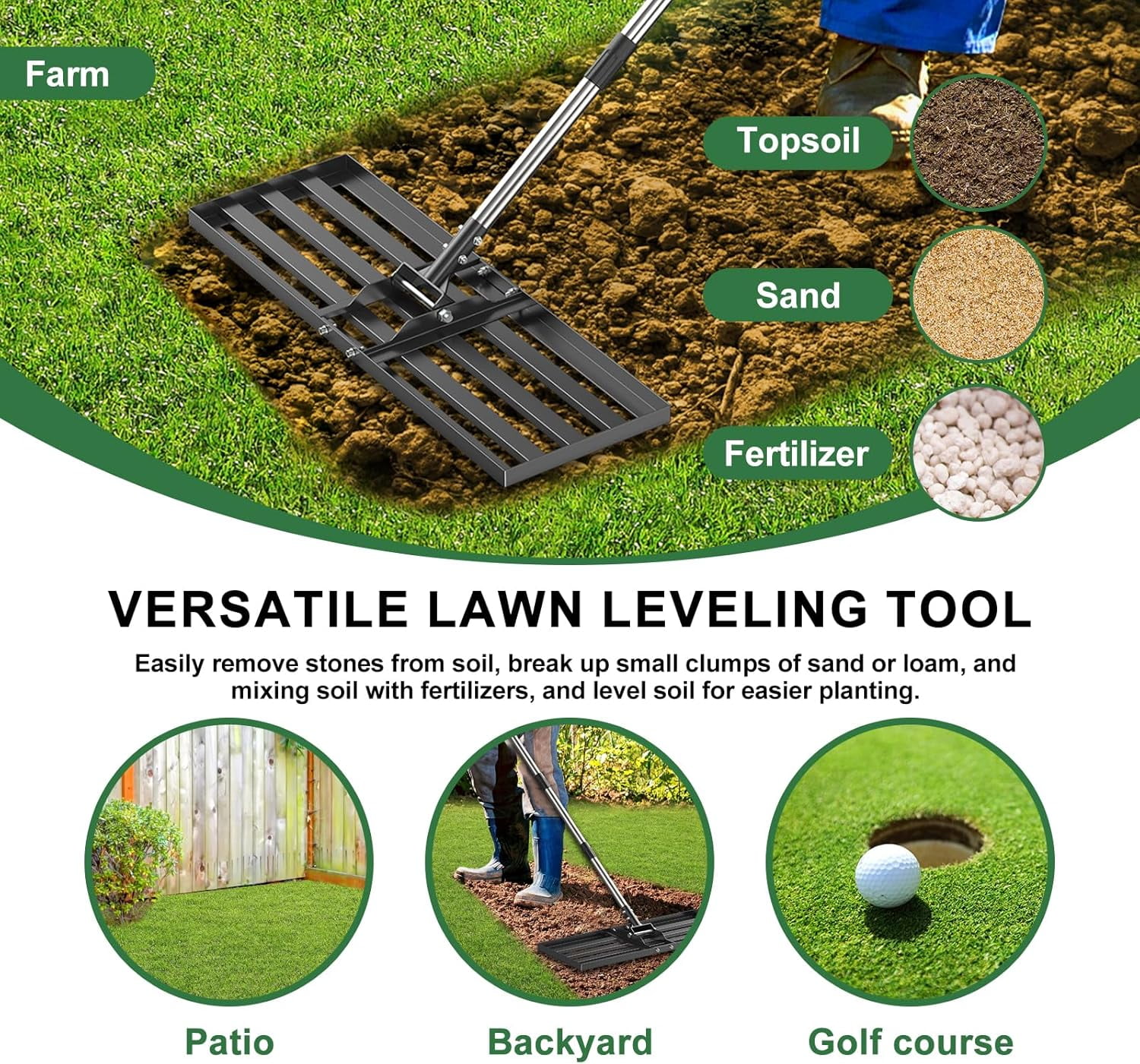 72" Lawn Leveling Rake - 30x10 inch Lawn Leveler Tool with Stainless Steel Handle for Golf Course, Yard, Pasture, and Garden