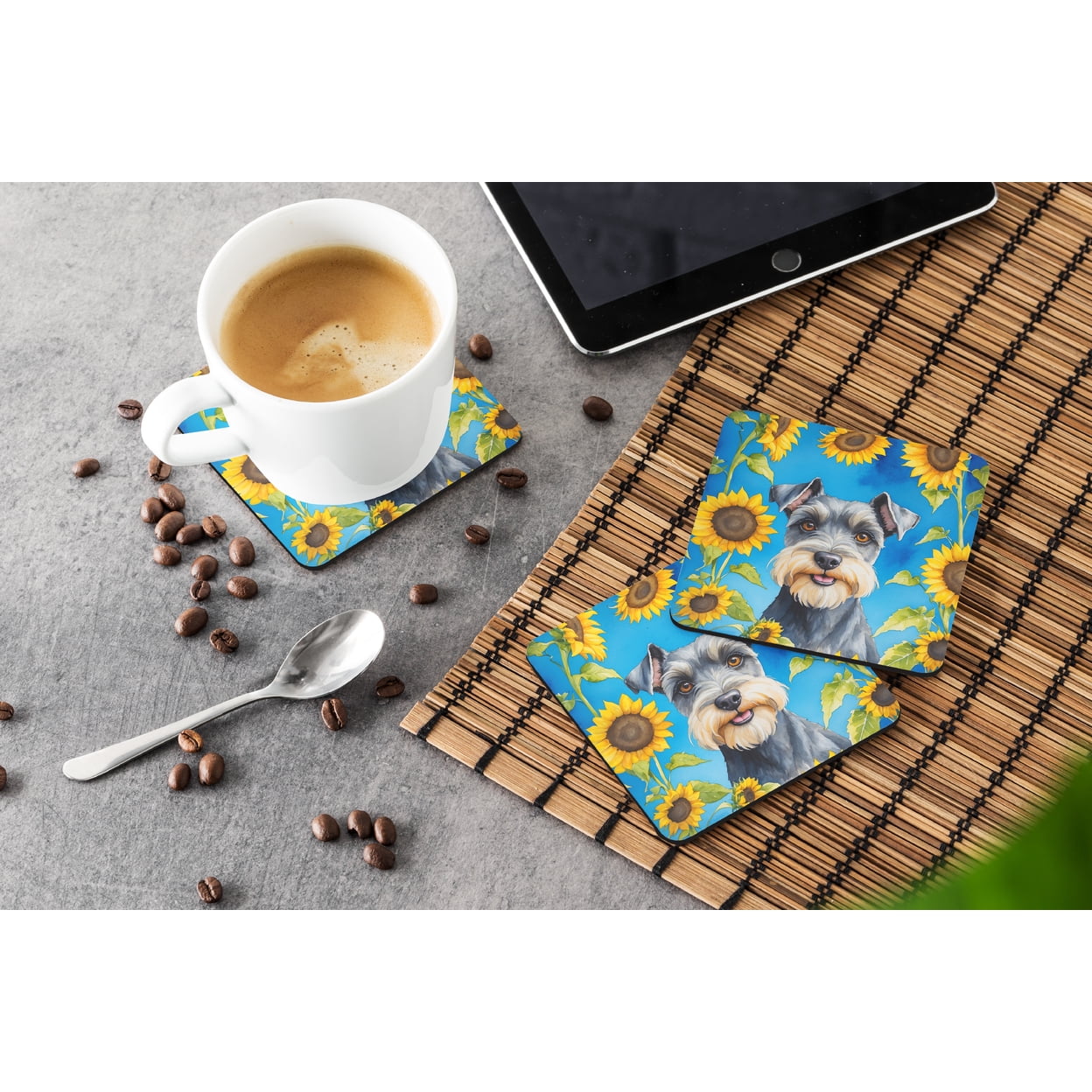 Schnauzer in Sunflowers Foam Coasters 3.5 in x 3.5 in