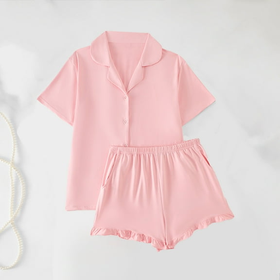 HongQid Pajamas Set for Women Short Sleeve Sleepwear Button Down Pjs Soft 2 Piece Lounge Sets for Summer