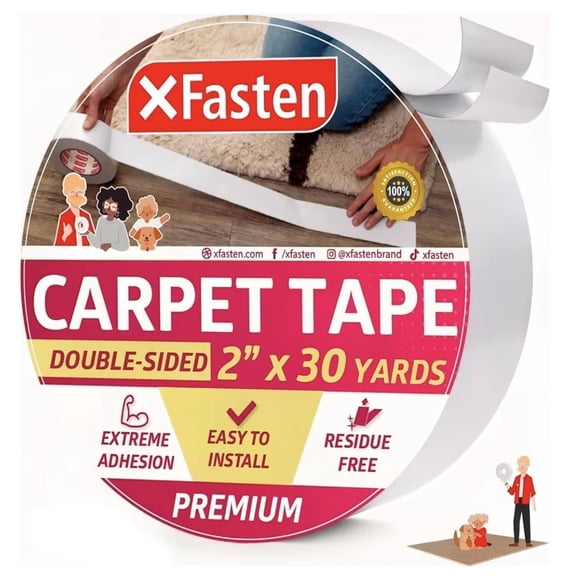 XFasten Ruban Adhésif Double Face pour Tapis de Zone 2 Pouces x 30 Yards, Ruban pour Carreaux de Tapis Sans Résidu, R