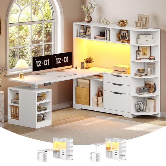 59" L Shaped Standing Desk with 3 Drawers and Open Storage Shelves, Corner Computer Desk with LED Lights for Home Office