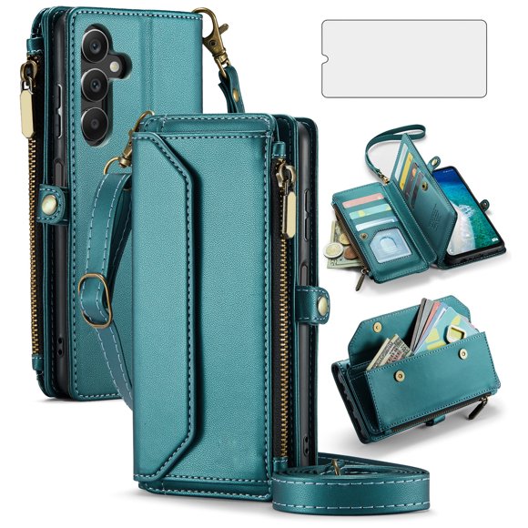 Asuwish Compatible with Samsung Galaxy A16 5G/4G Zipper Wallet Phone Case Tempered Glass Screen Protector Crossbody Lanyard Strap Flip Card Holder Slot Cell Cover for A 16 16A SM-A166U Women Green