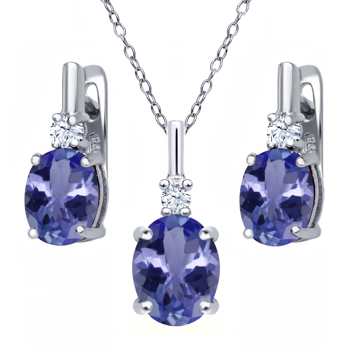 5.18 Ct Blue Tanzanite AAA White Topaz 925 Sterling Silver Pendant Earrings Set by