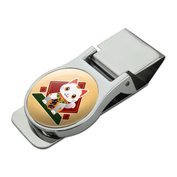 Cute Lucky Cat Maneki-Neko Satin Chrome Plated Metal Money Clip
