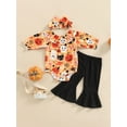 thumbnail image 2 of Wassery Baby Girls Halloween Outfit Sets Long Sleeve Crew Neck Playsuits Cartoon Ghost Pumpkin Print Romper Tops + Black Flared Pants + Bow Headband, 2 of 9
