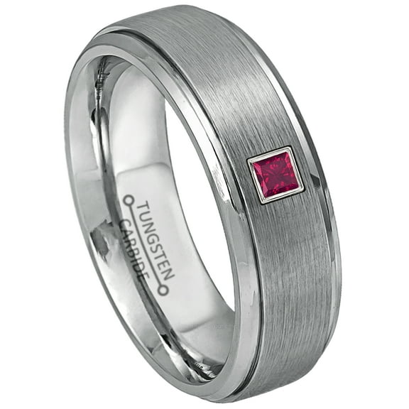 0.05ctw Princess Cut Ruby Tungsten Ring - 7MM Brushed Finish Stepped Edge Tungsten Carbide Wedding Band - July Birthstone Ring - 14kt White Gold Bezel - TN068PS-1RBs9.5