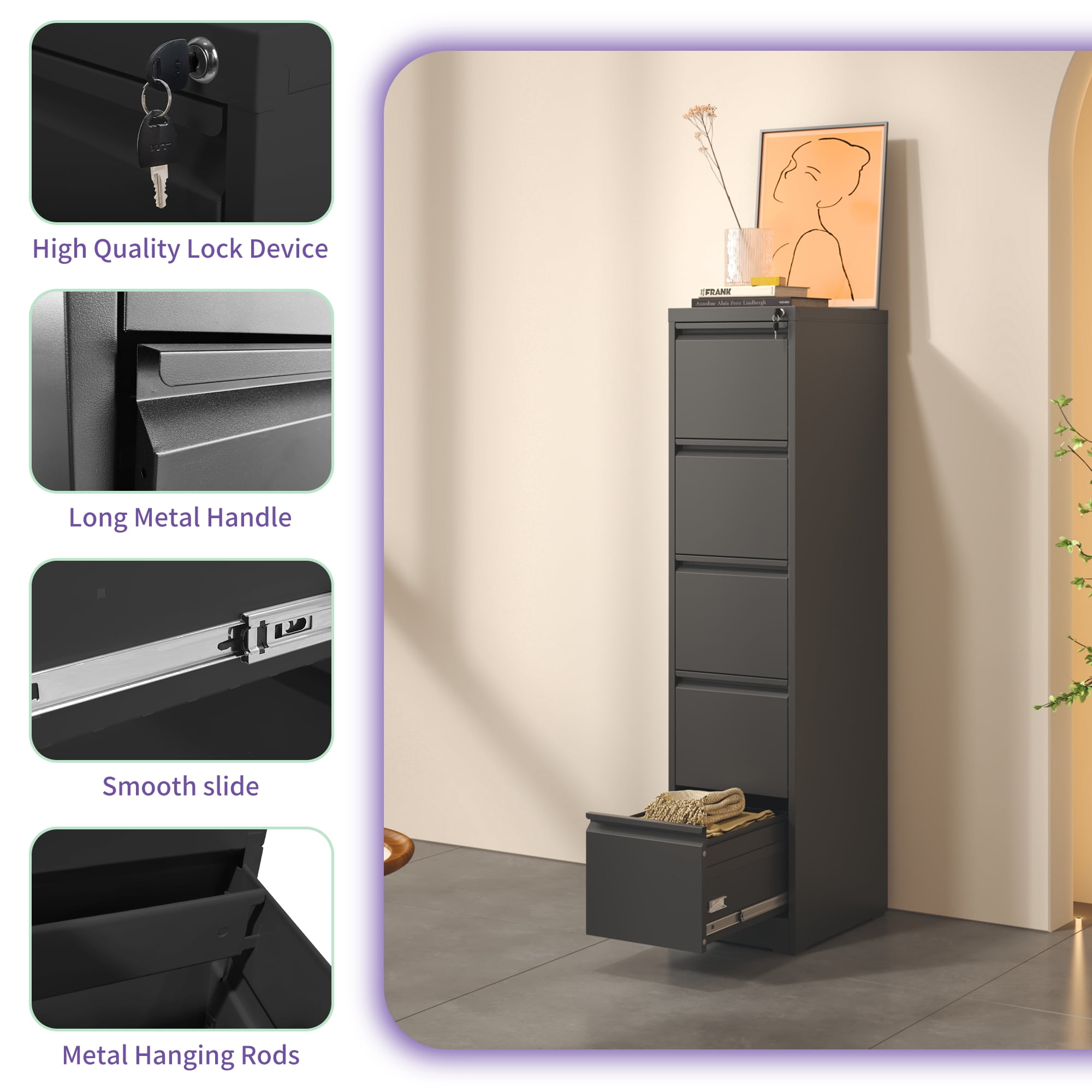 5 Drawer Metal Vertical File Cabinet with Lock Office Home Steel Vertical File Cabinet for A4 Legal/Letter Size