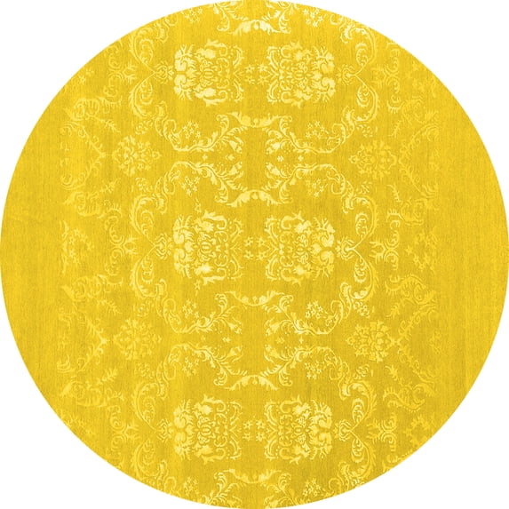 Ahgly Company Machine Washable Indoor Round Oriental Yellow Industrial Area Rugs, 7' Round