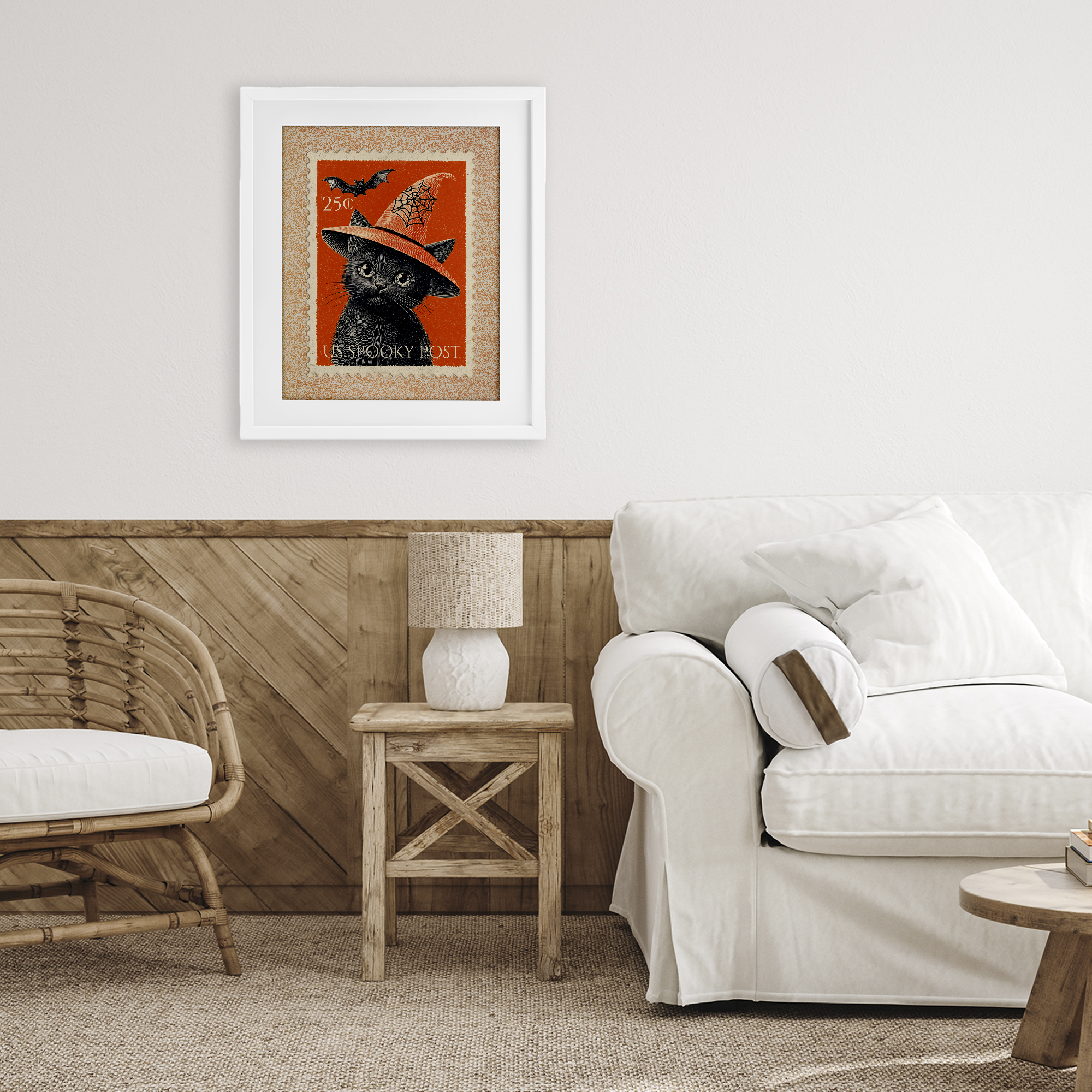 Vintage Black Cat Stamp White Framed Print Under Glass, design by Arlington Prints