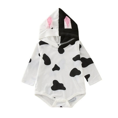 

Toddler Boys Girls Rompers Long Sleeve Cow Print Hooded Bodysuit for Children Jumpsuits Size 9-12M
