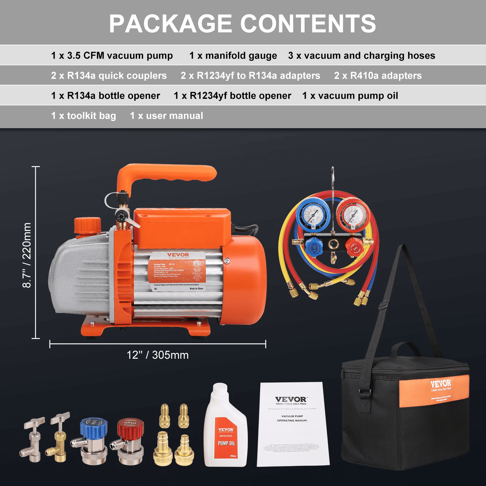 Vevor K35CFM150WA2L21TAV1 0.2 HP 3.5 CFM AC Vacuum Pump & Gauge Set, Single Stage Rotary Vane HVAC Air Vacuum Pump AC Refrigerant Kit Manifold Gauge Set