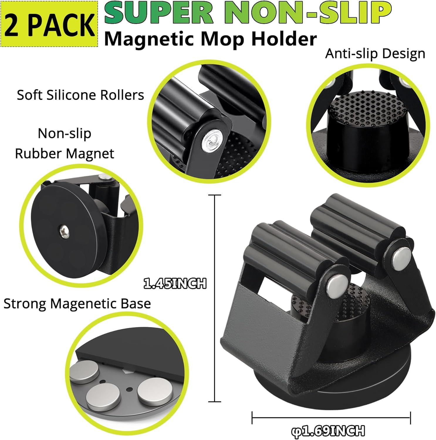Magnetic Mop Broom Holder,Heavy Duty Movable Holder Rack,Anti-slip Wall Mounted Utility Storage Shovel Gripper Hanger for Garage, Kitchen, Laundry, Garden(2 Pack/Black)