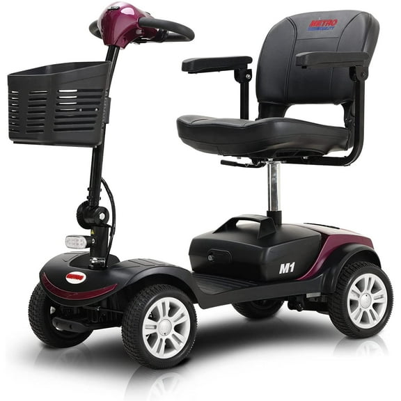 Metro Mobility Secure Folding 4-Wheel Mobility Scooter with Charger & Basket, Dark Red, 350 lb Limit