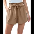 thumbnail image 2 of Pantalones Cortos Casuales de Verano para Mujer con Lazo y Cintura Anudada y Bolsillos. Caqui L, 2 of 7