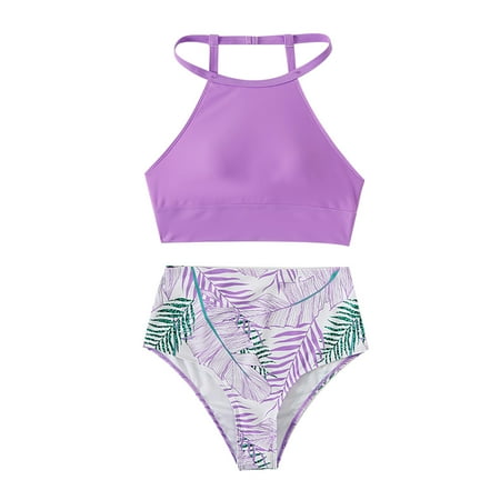 CaComMARK PI Clearance High Neck Halter Bikini Top Floral Swimsuits Two Piece Bathing Suits Triangle Bottoms for Women Purple 8(L)
