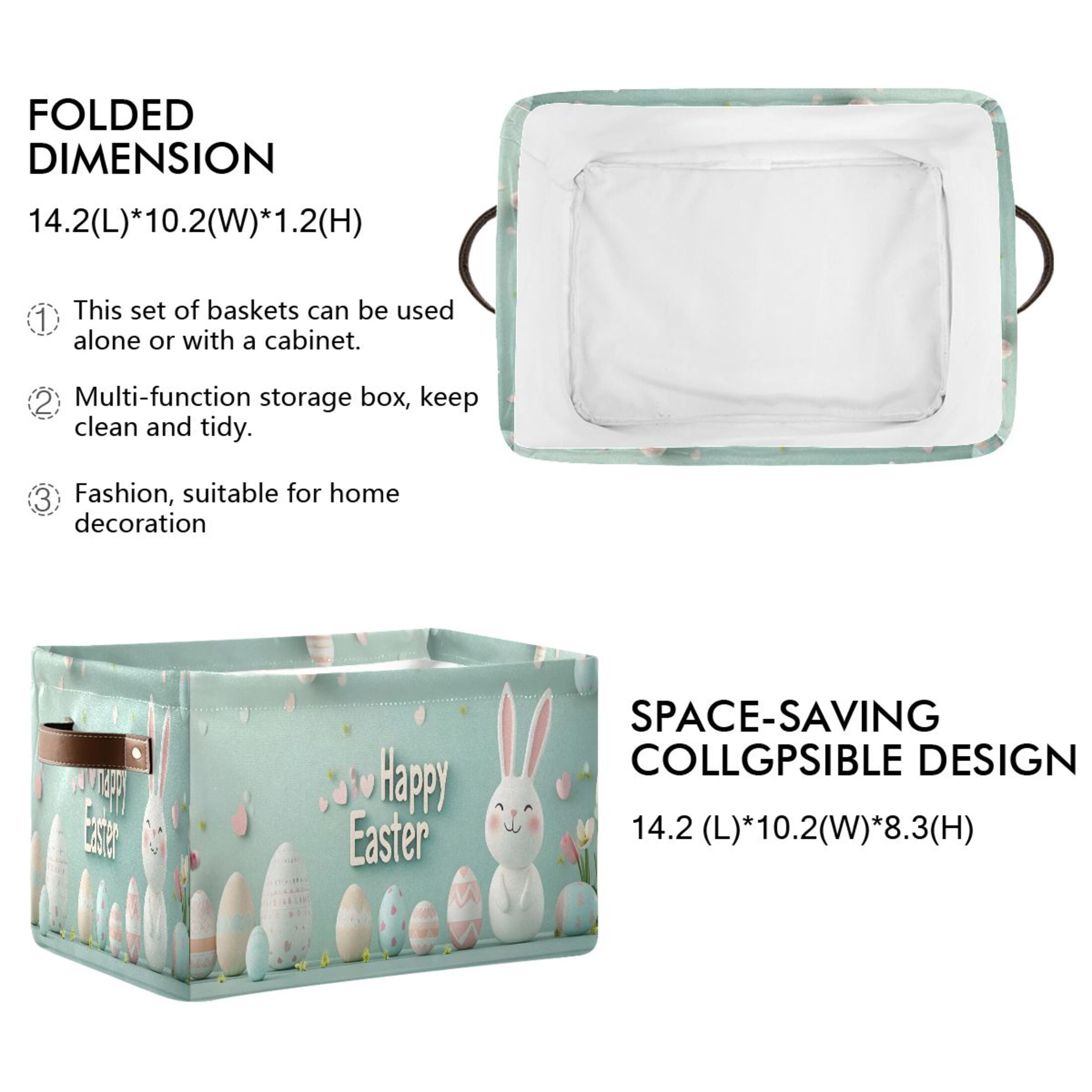 Ryvnso Cute Easter Bunny and Eggs Storage Basket Large Bin Foldable Boxes Toys Organizer 14.2x10.2x8.3in 2 PCs