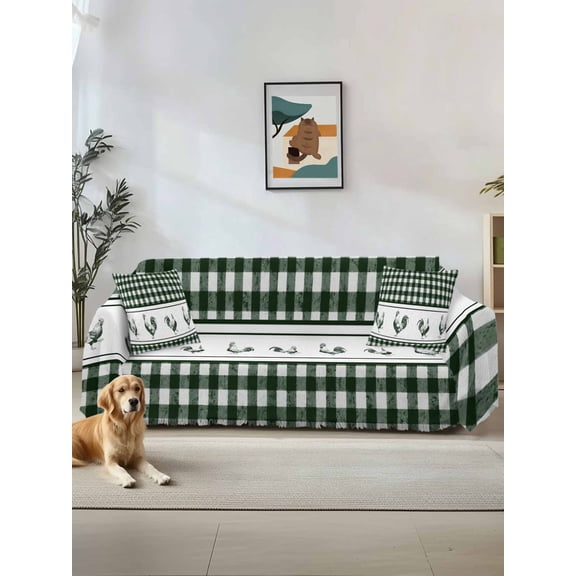 Farmhouse Green Plaid Sofa Covers for 2-3 Cushion Couch L-Shaped Sectional, Vintage Country Cock Checkered Washable Sofa Covers Slipcover for Living Room Furniture, Couch Cover Blanket 71"x134"