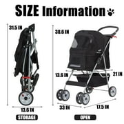 4 Wheels Pet Stroller Foldable Dog Stroller Cat Stroller with Storage Basket & Removable Liner, Travel Lite Foldable Carrier Strolling Cart for Dogs Cats, Black
