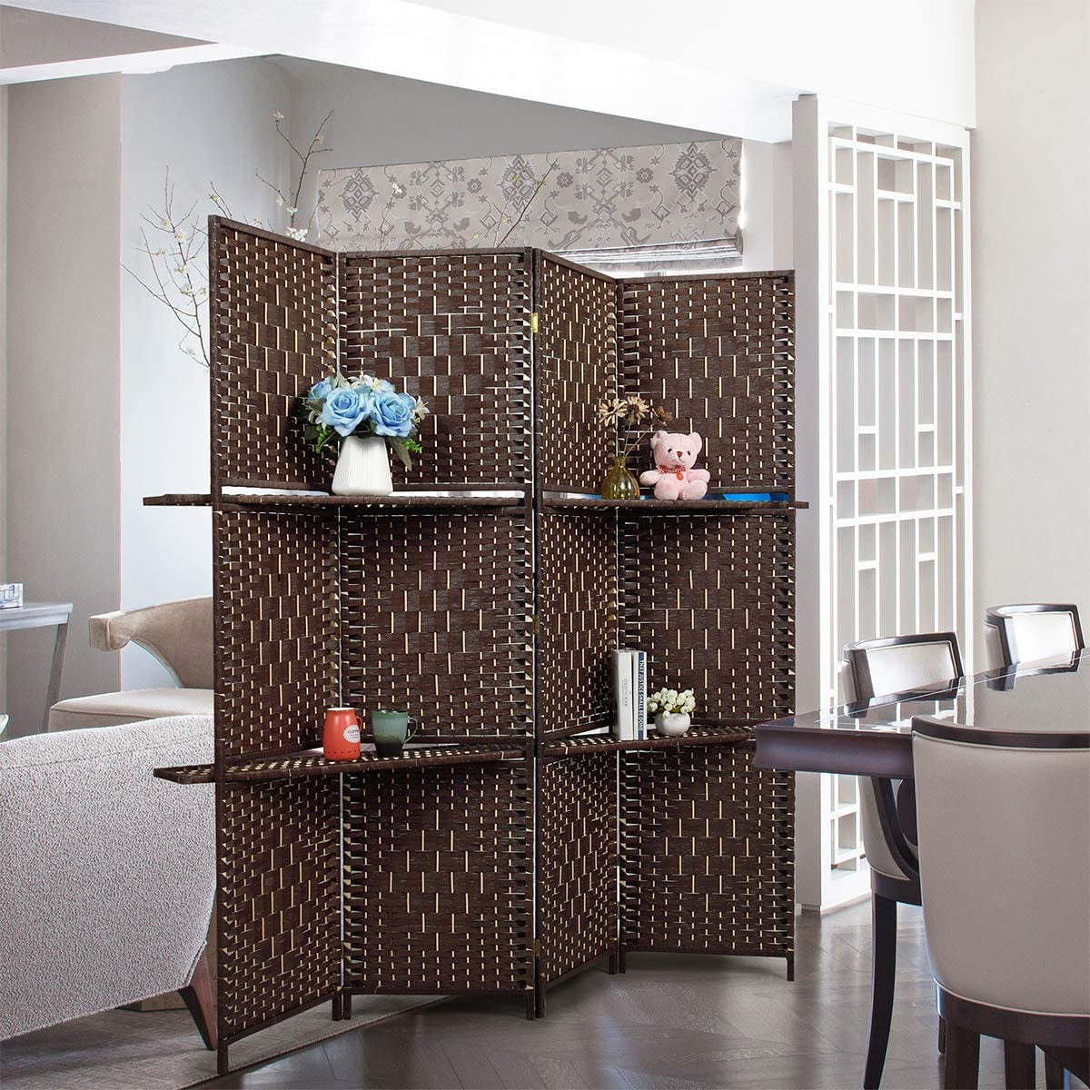 4-Panel Room Divider with 2 Partitions, 6ft Tall Folding Freestanding Privacy Screen for Living Room Bedroom Office, Dark Brown