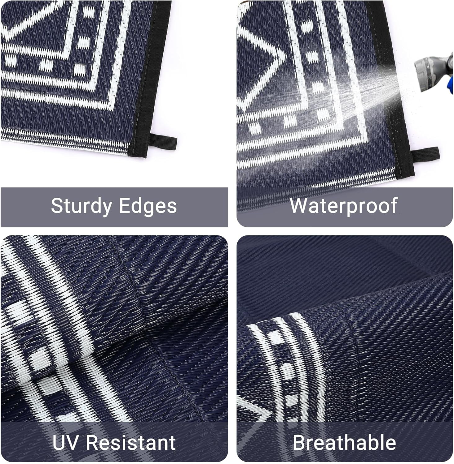 Funslane 10' x 14' Waterproof Outdoor Rug, Reversible Plastic Straw Patio Mat, Easy to Clean & Portable, for Deck, RV, Camping & Balcony, Navy/White