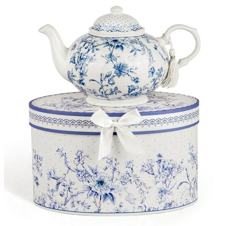 1-qt Blue Flowers Bone China Teapot in Gift Box Blue and White Porcelain Tea Pot