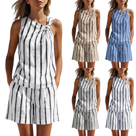 VBVC Women's Striped 2 Piece Shorts Set,Ladies' Asymmetrical Knot Sleeveless Top and Shorts,Casual Summer Beach Travel Outfit For Women,Beige,S-2XL