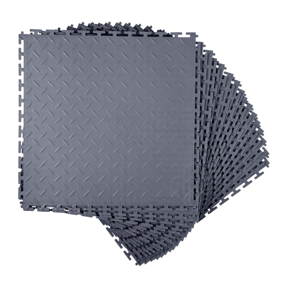KFFKFF Interlocking Garage Floor Tiles, 16 Pack 20.2 x 20.2 x 0.2 in Modular Flooring, Diamond Plate Slip-Resistant PVC Mats for Workshop, Warehouse, Tool Room, Graphite Gray