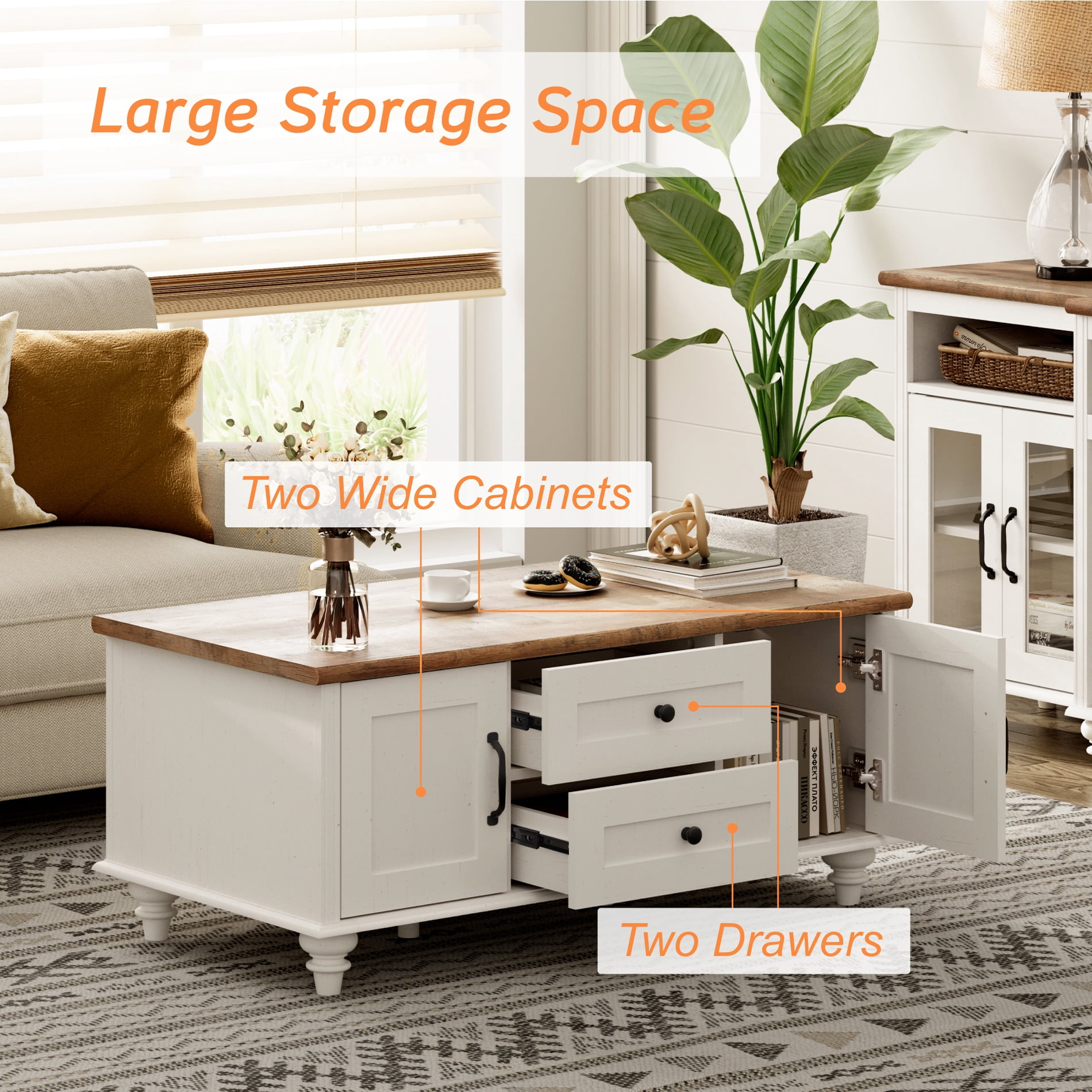 Farmhouse Coffee Table with Storage Cabinet & Drawer, White Center Table for Living Room