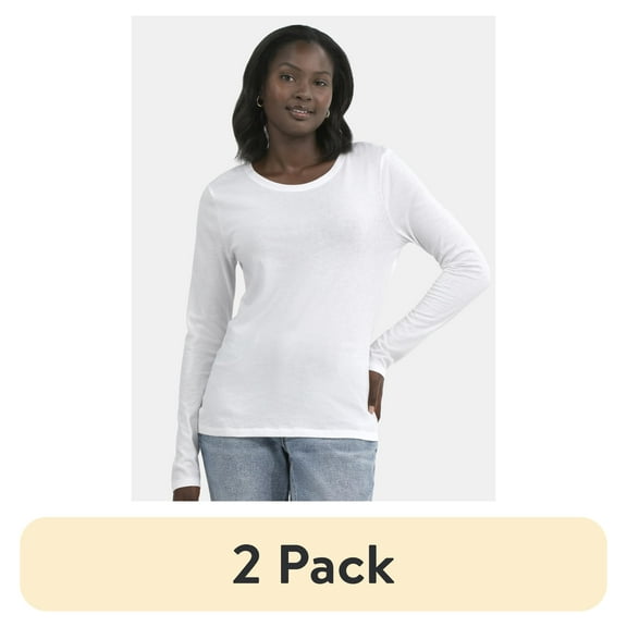 Time and Tru Women's Cotton Crewneck Tee with Long Sleeves, 2-Pack, Sizes XS-XXXL