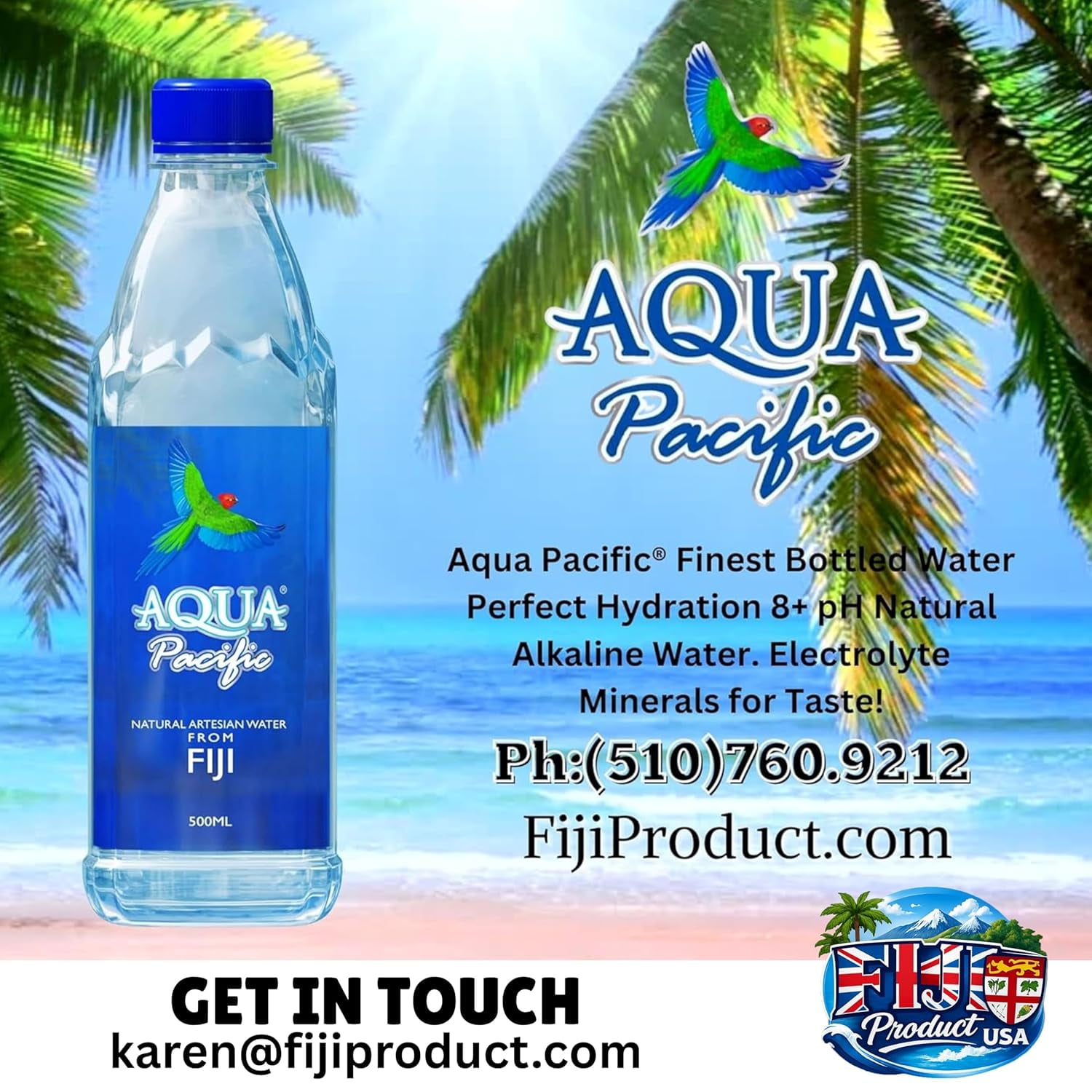 Natural Artesian Bottled Water 500mL / 16.09 Fl Oz (Pack of 24) 100% Natural Electrolytes - Natural pH 8+ Aqua Pacific Bottled Water from FIJI